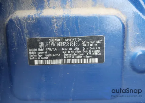 2019 Subaru Wrx from USA, damaged, VIN JF1VA1A66K9818185